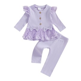 Geagodelia Toddler Baby Girl Fall Winter Outfits Ruffled Long Sleeve Lace/Striped/Polka Dot Print Sweatshirt Ribbed Shirts Top with Long Pants 2Pcs Clothing Set for Little Girls (Purple, 3-4 Years)