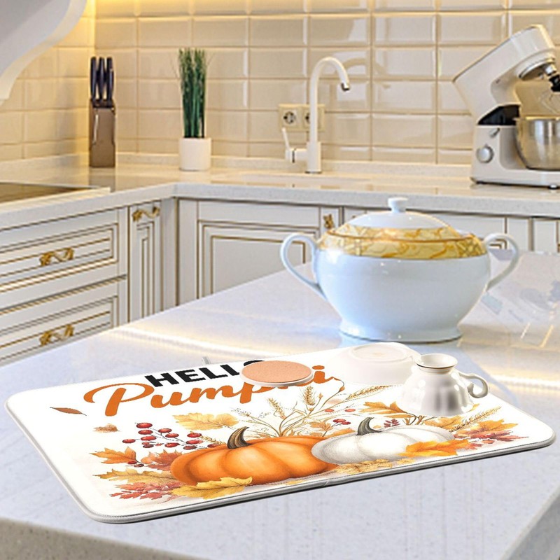 Hello Pumpkin Dish Drying Mat for Kitchen Countertop 16x18 Fall