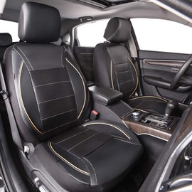 CAR PASS Universal FIT Piping Leather Car Seat Cover, for suvs,Van,Trucks,Airbag Compatible,Reserved Opening Holes for headrest Covers(6PCS, Black and Beige)