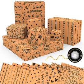 Gift Wrapping Paper, Birthday Wrapping Paper Set 7 Sheets Recyclable Kraft Gift Wrap & Ribbon, Brown Wrapping Paper for Birthday, Party or Wedding Gift (50 x 70cm)