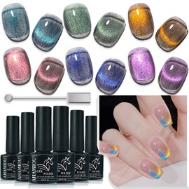 AHAMIOU Crystal Cat Eye Gel Polish Kits 9D Holographic Magnetic Cats Eyes Gel Nail Polish Shiny Glitter Laser Varnish UV Gel Varnish Nail Art Manicure Kit,6PCS
