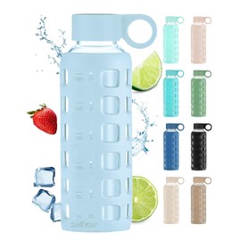 purifyou 40/32/22/12 oz Borosilicate Glass Water Bottles with Volume Markers, Silicone Sleeve, Stainless Steel Lid, Reusable Bottle for Water, Juice, Gym, and Fridge Storage (12oz Ice Blue)