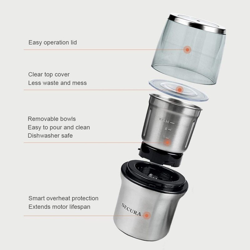 Secura Electric Coffee Grinder and Spice Grinder with 2 Stainless