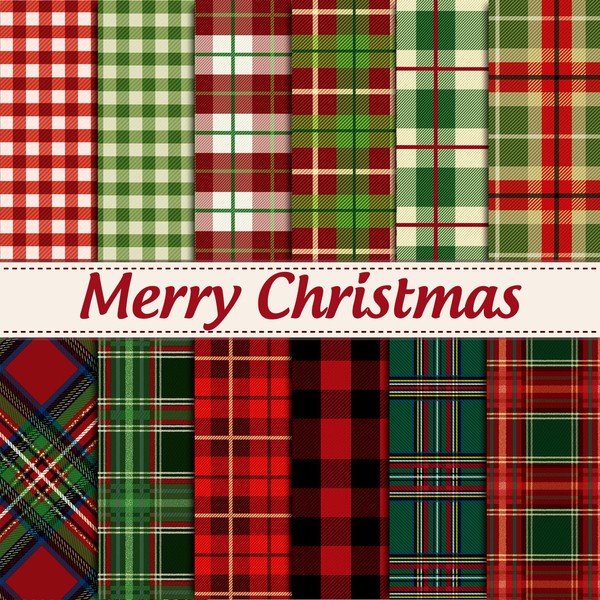 Whaline 12 Designs Christmas Pattern Paper Pack 24 Sheet Christmas Plaid Scrapbook Specialty Paper Double-Sided Collection Plaid Decorative Craft Paper for Card Making Scrapbook