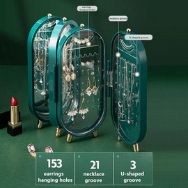 Tvoip Earring Organizer Stand，4-Layer Small Foldable Dustproof Jewelry Holder with 153 Holes For Women Earrings, Earring Backs, Necklaces,Display Jewelry Organizer (Green)