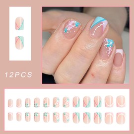 French Tip Press on Nails Flower Fake Nails Full Cover False Nails with Flower Designs Square Glue on Nails Artificial Nails Stick on Nails Acrylic Kit for Women and Girls Daily Wear Nails 24Pcs