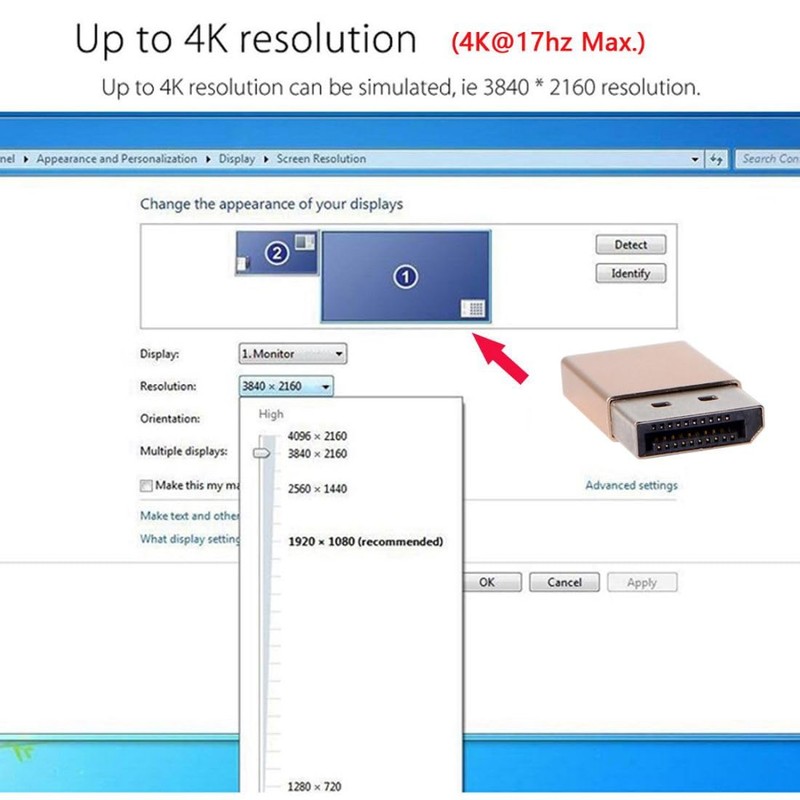 CY DP Virtual Display Adapter Converter Displayport Dummy Plug Headless