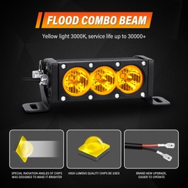 RIGIDON 6 Inch 30W Single Row LED Light Bar with Wire Harness, Amber Flood Beam 3000LM Off-road Light Driving Boat LED Fog Work Light for Trucks ATVs UTVs SUVs Car