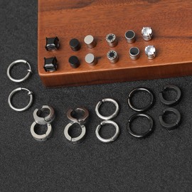 12 Pairs Magnetic Earrings Men Women Stainless Steel Hoop Earrings CZ Magnet Non Penetrating Clip Magnetic Stud Earrings Clips Nickel Free Tunnel Ear Clips Non Piercing Earrings Set Silver Black, 不