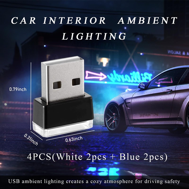 Yourkar 4 PCS USB LED Car Interior Atmosphere Lamp, Plug-in