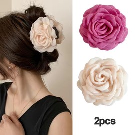 iRIIRIO 2pcs Large Hair Claw Clips wiht Rose Blooms Fabric Silk Hawaiian Flower Hair Clips Hair Accessories for Women Girls (Rose Red, Beige)