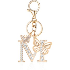 OKAICEN Gold Plated Butterfly Crystal Alphabet Initial Letter Keyring Keychain for Women Girls Key Chains for Wallet Backpack - M