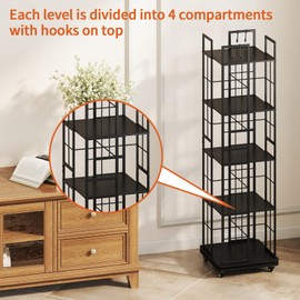 tonchean 360° Heavy Duty Bookcase, 5 Tier Rotating Metal Corner Bookshelf with Wheels, Space-Saving Storage for Living Room, Study & Bedroom | Rustic Industrial Decor & Multi-Purpose Organizer