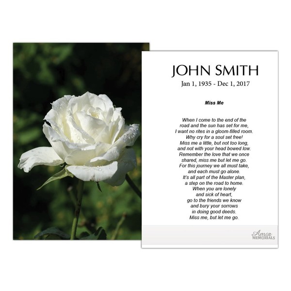 Funeral Memorial Prayer Cards (50 Cards) FPC1015EN White Rose (Custom Printed - Select Desired Prayer)