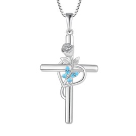 Rocayi Cross Necklace for Women 925 Sterling Silver Butterfly Necklace Aquamarine March Birthstone Pendent Rose Flower Religion Jewelry Gifts for Women Wife Girlfriend Mother Daughter Her