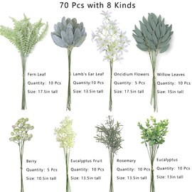 FOTEEWL FOTEEWL 70 Pcs Artificial Greenery Stems Box Set,with 8 Kinds of Faux Plants and Fake Flowers for DIY Bridal Bouquets Wedding Floral Arrangement Table Centerpieces Decoration (Sage Green & White)