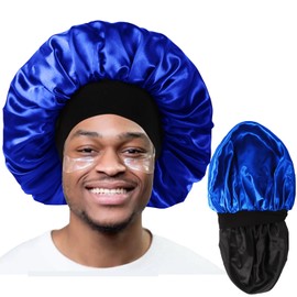 Bonnet for Men,Silk Bonnet for Sleeping,Double Layer Satin Bonnets for Women Curly Hair Braids,Reversible Sleep Bonnet (Large,Black/Royal Blue)
