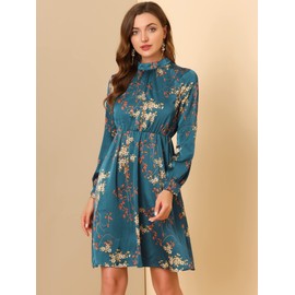 Allegra K Women's Mock Neck Swing Knee Length Long Sleeve A-line Floral Dress Small Satin Peacock Blue