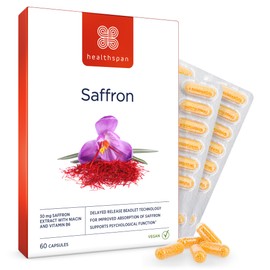 Healthspan 30mg Saffron Extract (60 Capsules) | Positive Mood & Emotional Balance | Supports Relaxation | Niacin and Vitamin B6 to Reduce Tiredness and Support Normal Psychological Function | Vegan