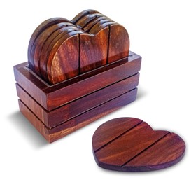 SHOPUKASA | Wooden Heart Shaped Coasters Set of 6 | with Gray Storage Stand (Home) | Perfect for Coffee, Tea, Mugs, Cups, Wine Glasses | Heart Shape (Walnut (Set of 6 Coasters))