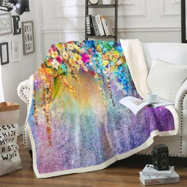Loussiesd Flower Fleece Throw Blanket Blossoms Ivy Flowers Plush Blanket for Sofa Bed Colorful Floral Sherpa Blanket Abstract Herbs Weeds Fuzzy Blanket Blue Purple Single 50x60 Inch