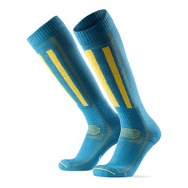 DANISH ENURANCE Merino Wool Performance Ski Socks for Men, Women & Kids, Blue/Yellow, US Women 8-10 // US Men 6.5-8.5