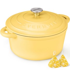 Overmont Enameled Cast Iron Dutch Oven - 5.5QT Pot with Lid Cookbook & Cotton Potholders - Heavy-Duty Cookware for Braising, Stews, Roasting, Bread Baking Goose Yellow