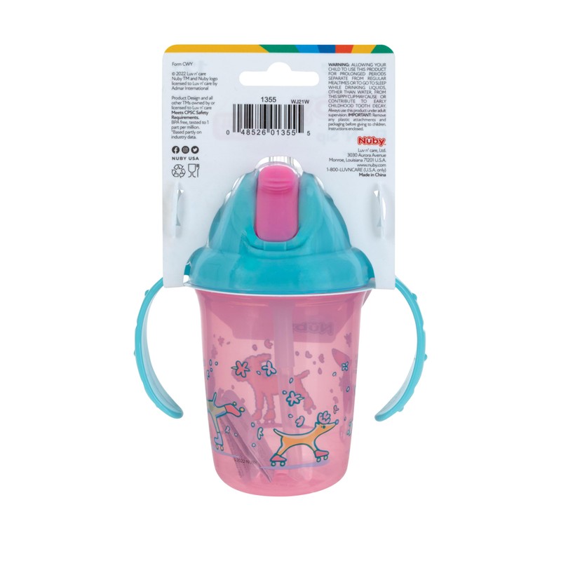Nuby 2-Handle No-Spill Flip-it Fat Straw Printed Cup - 8oz/