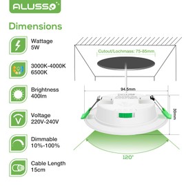 ALUSSO LED Recessed Ceiling Spotlights Dimmable, 5W Downlights Ultra Slim 400LM, Warm White 3000K Neutral White 4000K Cool White 6500K Adjustable, IP44 Waterproof Lighting for Bathroom Kitchen, 6 Pack