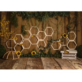 8x6ft Farm Honeycomb Backdrop for Photoshoot Green Leaves Ivy Sunflower Kids Portrait Background Brown Wooden Wall Floor Beehive Bee Photography Background