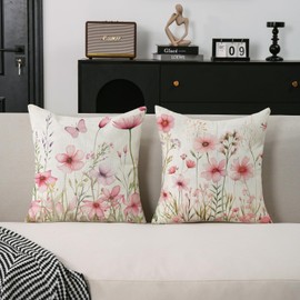 TAJWE Floral Throw Pillow Covers 18x18 Set of 2 Spring Summer Outdoor Decor Pillow Cases for Home Couch Decorations Pink