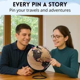 Large Cork Globe 12.6" Tall | World Travel Map with Metallic, Colored & National Flags Push Pins | 3D World Map Pin Board for Home or Office | Unique Gift for Travelers, Couples & Families