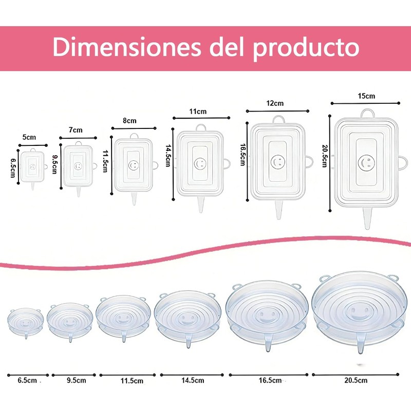 12 pcs Tapas Elásticas de Silicona（6 Redondos Y 6 Cuadrados）,