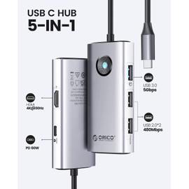 USB C Hub, ORICO 5 in 1 USB C Docking Station with 4K HDMI, 60W Power Delivery, USB 3.0 5 Gbps and 2 USB 2.0 Data Ports USB C Dock for MacBook Air, MacBook Pro, XPS, and More Type-C Devices