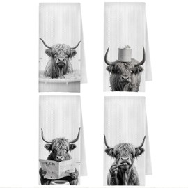 ChenCraty Funny Highland Cow Bathroom Hand Towels Set of 4, Farmhouse Bathroom Decor, Highland Cow Gifts Decorative Hand Towels for Bath Room Washroom Decor, 16x24 Inches