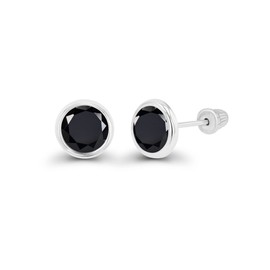 Solid 14K White Gold 6mm Round Natural Black Onyx Birthstone Bezel Screw Back Stud Earrings