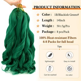 Dark Green French Curl Braiding Hair 8 packs 14 Inch Loose Wave Braiding Hair Pre Stretched Synthetic Hair Extensions for Women and Kids(Dark Green, 8packs)