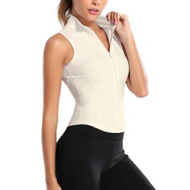 Hvewarm Women Summer Lightweight Cropped Athletic Zip Up Sleeveless Jackets Workout Gym Seamless Vests (Beige-L)