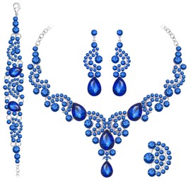 Paxuan Crystal Bridal Wedding Jewelry Sets for Women Rhinestone Teardrop Crystal Statement Choker Necklace Drop Earrings Link Bracelets Rings Teardrop Jewelry Set for Brides Bridesmaids