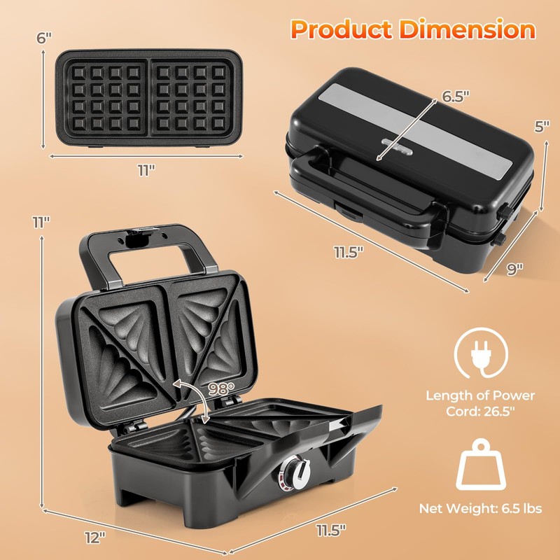 CHEFJOY 3 in 1 Sandwich Maker, 1082W Waffle Maker with