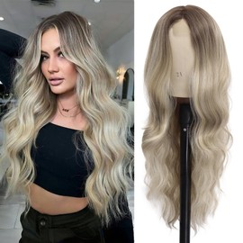 Mairead 26 Inch Ombre Blonde Synthetic Lace Front Wigs for Black Women Middle Part Long Wavy Curly Synthetic Wig Natural Looking Heat Resistant Synthetic Fiber for Daily Party Use