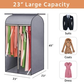 45'' Hanging Garment Bags for Closet Storage Sealed Completely Jackets Coats Suits Clothes Rack Cover for Wardrobe with Clear PVC Window and 3 Zippers Opening