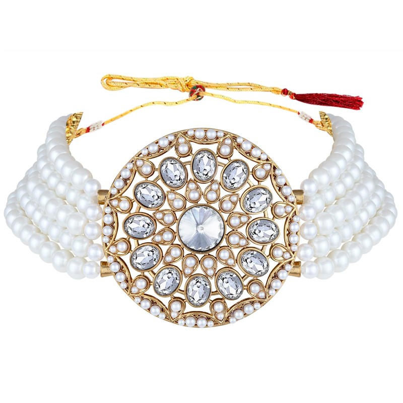 Aheli Kundan Pearl Choker Multi Layered Collar de cuentas Pendientes