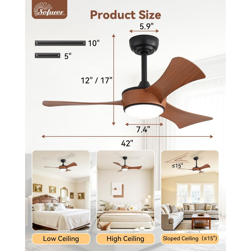 Sofucor 42 Inch Ceiling Fans with Lights-Modern Brown Small Bedroom