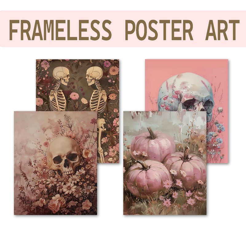 Pink Halloween Gothic Skull Wall Decor, 8x10 Set of 4