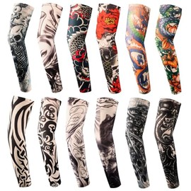 YARIEW Tattoo Sleeves for Men, 12Pcs Fake Tattoos Sleeves to Cover Arms Sleeve Tattoos for Women Cooling Sun Protection Tribes Skulls Patterns