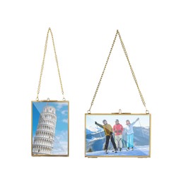 JuxYes 2PCS 4x6 inch Golden Hanging Glass Frame for Pressed Flower, Double Glass Floating Picture Frame Brass Wall Photo Frame Artwork Display Frame Gallery Ornament Plant Frame for Home/Office Décor