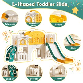 Goldshire 7 in 1 Toddler Slide,Kids Climber Slide with Storage Space and Non-Slip Steps, Toddler Playset with Basketball Hoopa and Telescope, Indoor Outdoor Playground for Toddlers