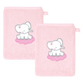 Lashuma Baby Wash Mitts Set of 2 15 x 21 cm Pink Flannels Elephant Motif Small Embroidered Towels