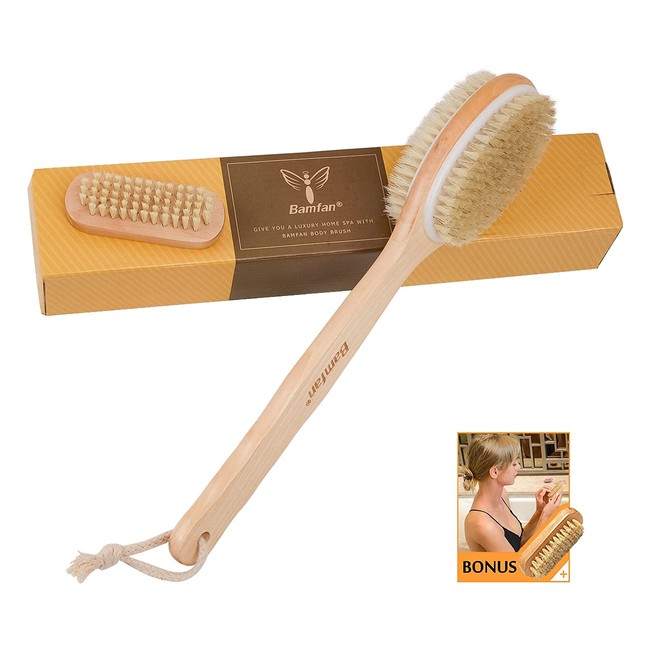Bath Body Brush with Soft&Stiff Bristles, Double-Sided Shower Brush For Exfoliating, Cellulite, Blood Circulation - Wet or Dry Body Brushing, Long Non-Slip Wooden Handle Back Scrubber